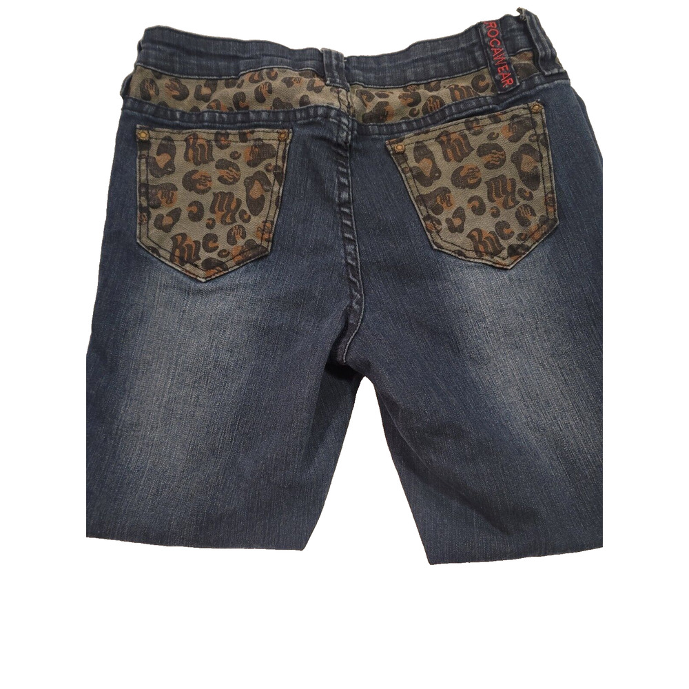 ROCAWEAR Skinny jeans 28x32 Junior size 7 over dye blue, leopard accents